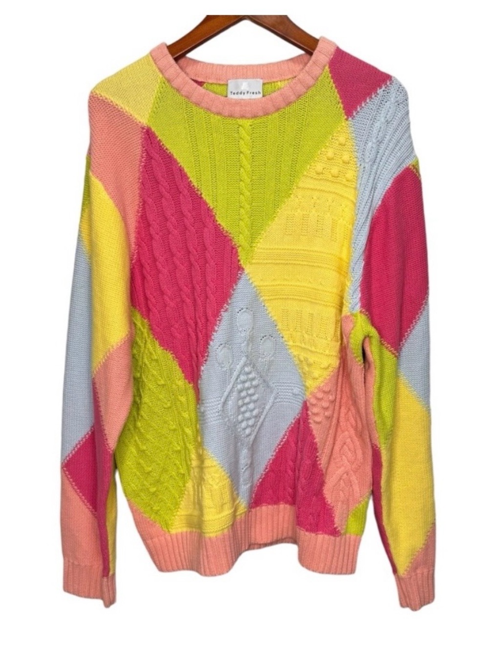 Teddy Fresh Colorblock Cable-Knit Crewneck Sweater in Pink, Yellow, Blue & Green